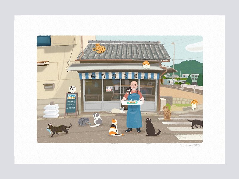 アートプリント47.猫町の鮮魚店(A4,A3,A2)   送料無料 - ポスター・絵 - 紙 グレー