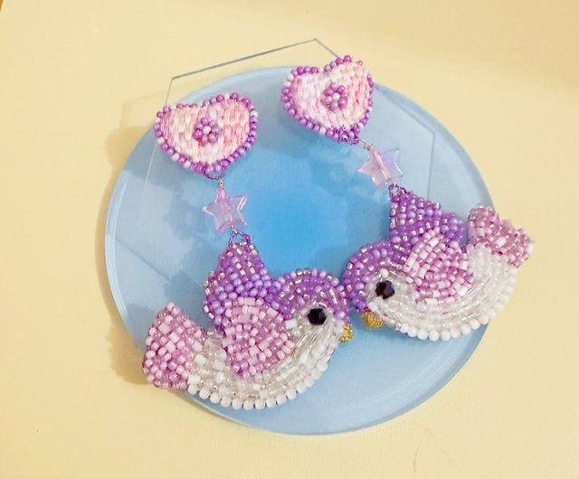 Baojuan パープル ビーズ刺繍 ハート イヤリング - ショップ