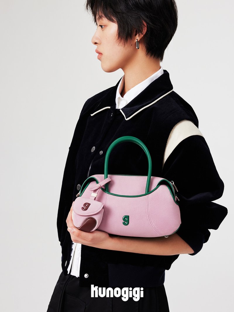 Pink small baseball Boston bag cowhide genuine leather bag hand shoulder armpit bag KUNOGIGI - กระเป๋าแมสเซนเจอร์ - หนังแท้ สึชมพู