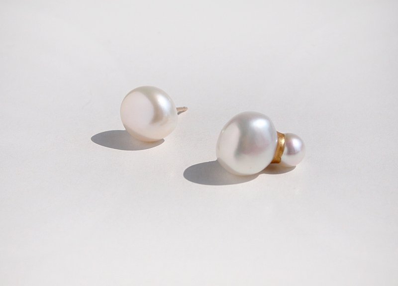 金継ぎパールのピアス・イヤリング　bubbles　淡水パール・14kgf・金継ぎ - 耳環/耳夾/耳骨夾 - 寶石 白色
