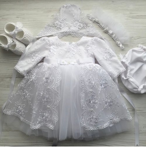 V.I.Angel White dress with lace and pearls, bonnet, headband, panties and shoes for baby .