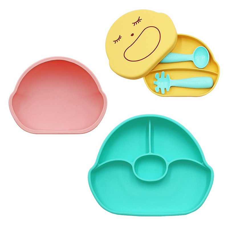 The grid does not turn over (Teal) + suction cup (powder) + Silicone box (yellow-smiling face) + learning tableware set (Teal) - Children's Tablewear - Silicone Multicolor