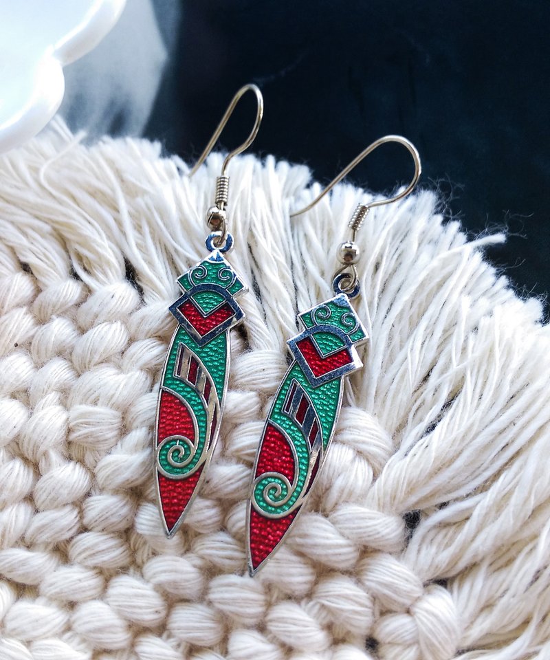 Vintage Jewelry 西洋古董飾品 景泰藍 圖騰紅底 耳勾 針式耳環 - 耳環/耳夾/耳骨夾 - 其他金屬 金色