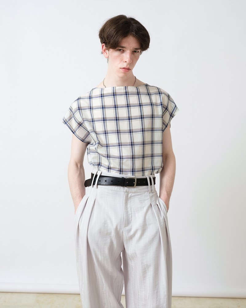 GRAINMUSTARD Mulberry silk cotton yarn blended one-word collar pullover plaid T-shirt summer designer brand - Men's Shirts - Silk White