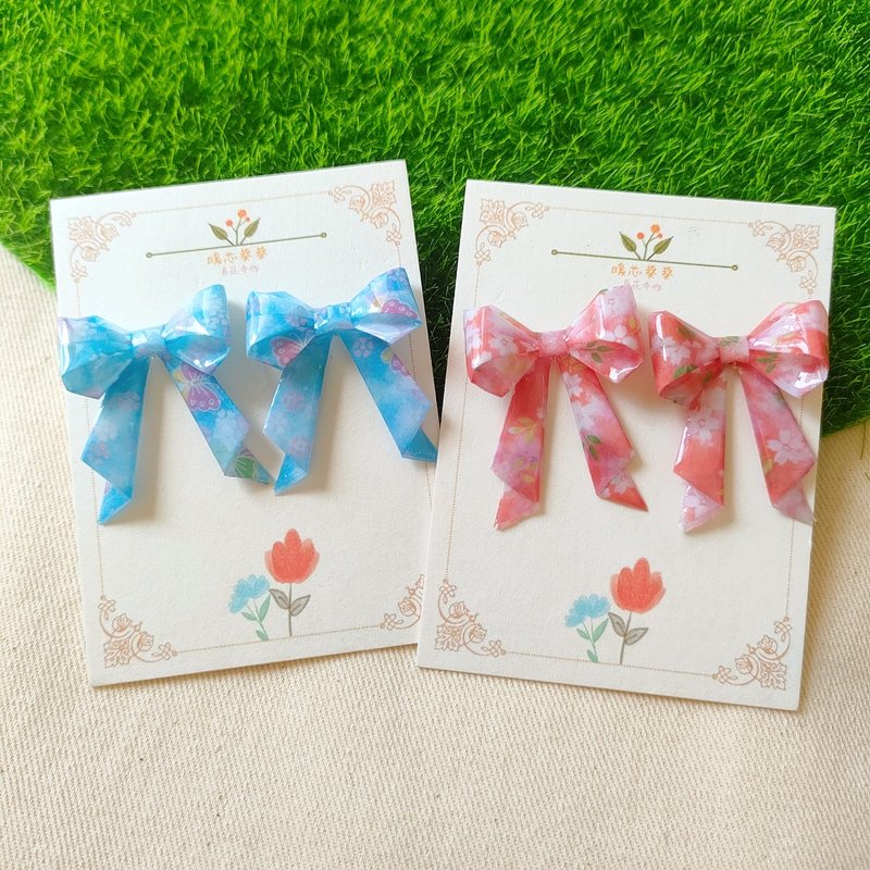 Handmade origami/big bow/925 sterling silver earrings/original earrings/Japanese resin - ต่างหู - พืช/ดอกไม้ สีแดง