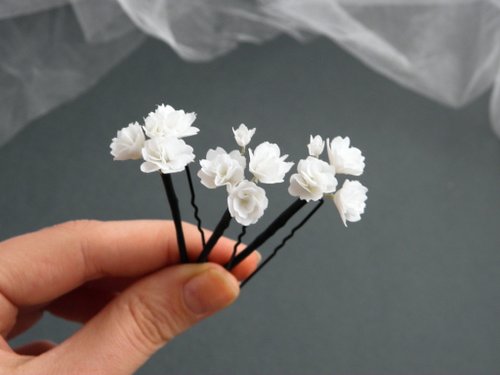 FloralAccessoriesUA White flowers hair pins Babys breath headpiece Floral wedding hair piece