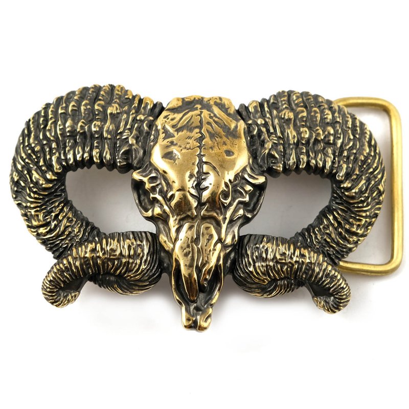 Ram skull solid brass belt buckle, Mouflon american western belt accessory - เข็มขัด - วัสดุอื่นๆ สีทอง