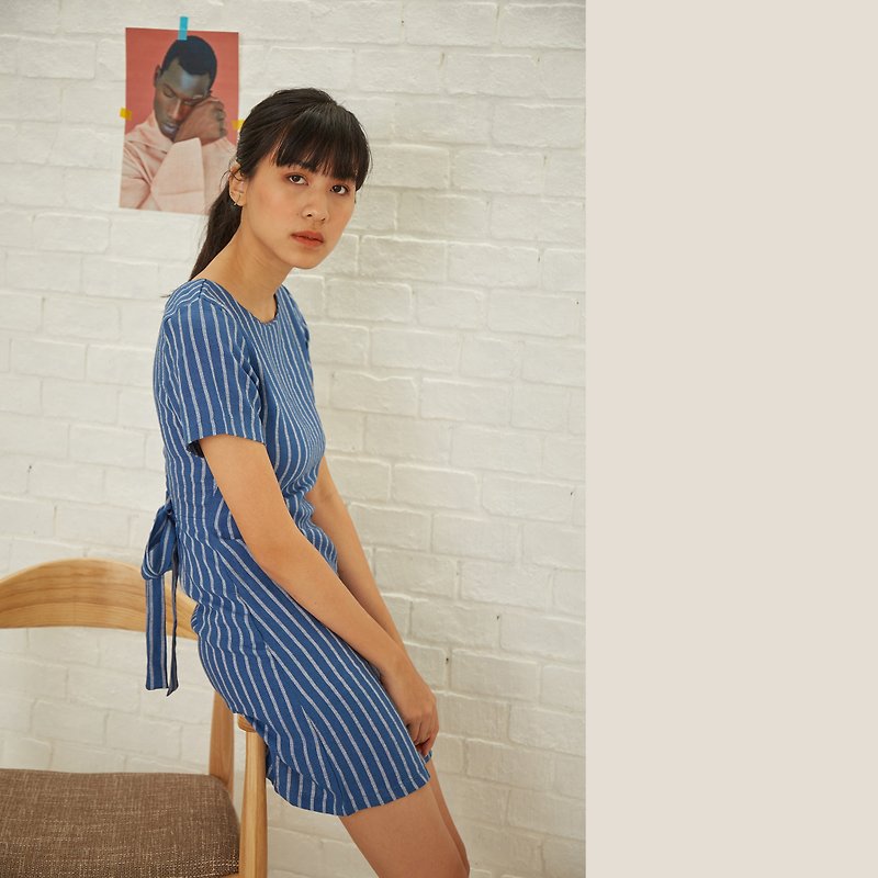 Linen Stripe Dress - Blue - 洋裝/連身裙 - 棉．麻 藍色