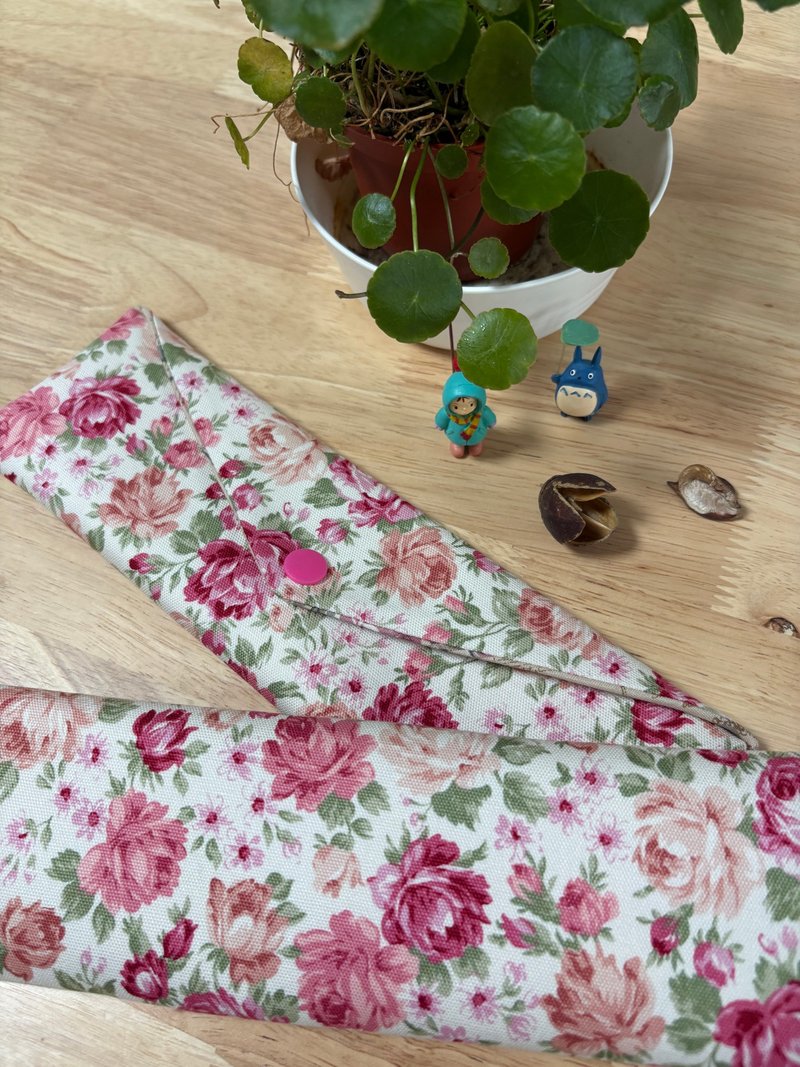 文青風環保純棉筷袋 古典玫瑰園 原麻米白 質感原胚 美滿 優質 - 居家收納/收納盒/儲物盒 - 棉．麻 粉紅色