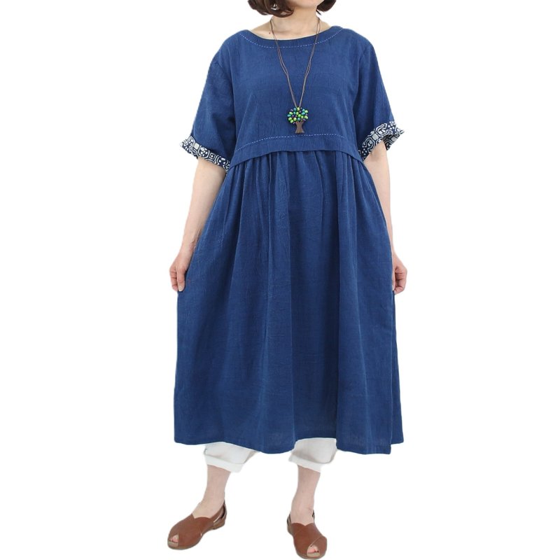 Indian cotton linen mix dress, indigo dyed, vegetable dyed, 5/8 sleeve, high waist - ชุดเดรส - ผ้าฝ้าย/ผ้าลินิน สีน้ำเงิน