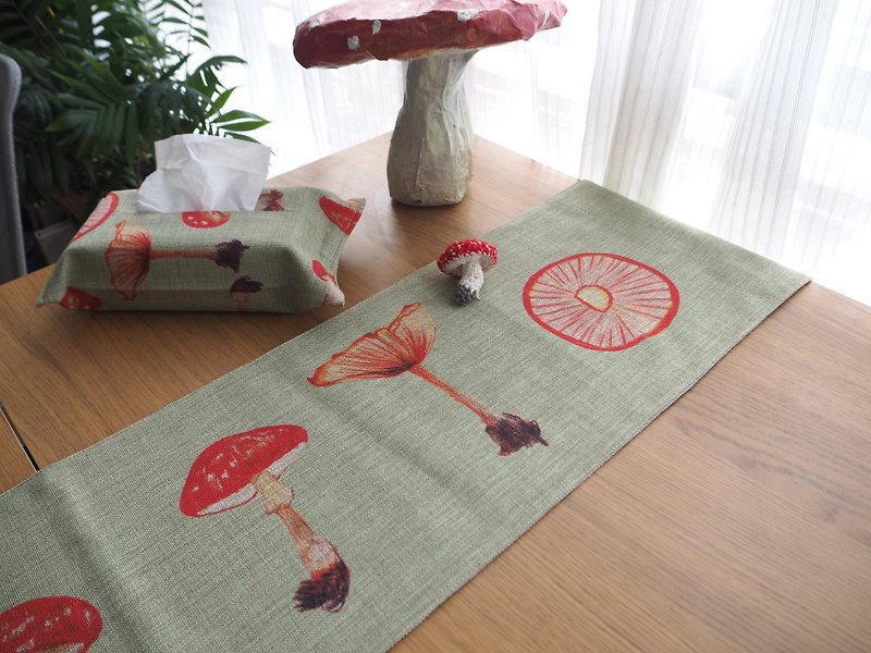 迷幻蘑菇桌旗餐桌裝飾棉麻北歐風定制手繪風蓋布 - 餐桌布/桌巾/餐墊 - 棉．麻 綠色
