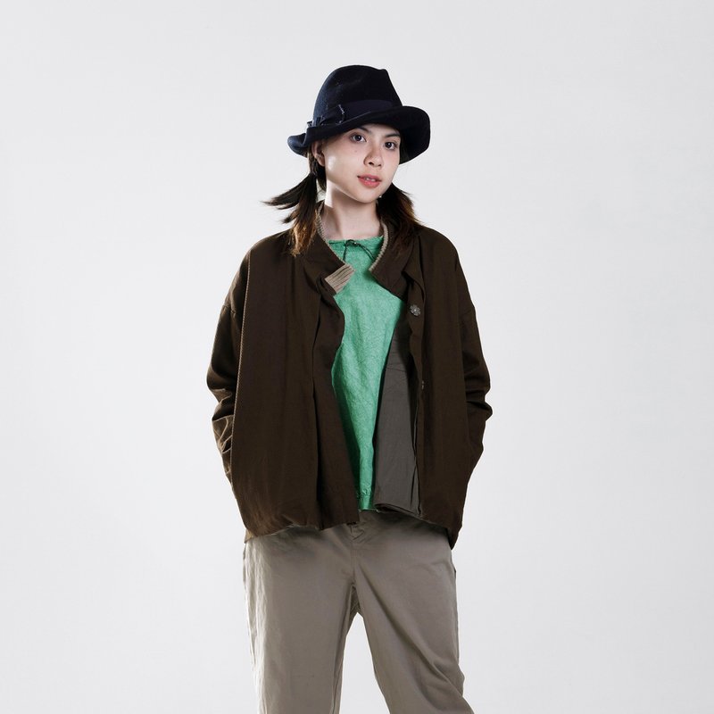 Unruly color ribbed stand collar twill coat - เสื้อแจ็คเก็ต - ผ้าฝ้าย/ผ้าลินิน สีนำ้ตาล