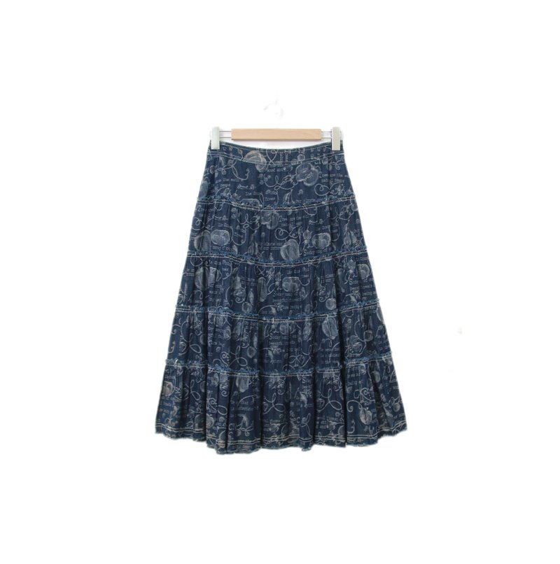 Back to Green-復古長裙 丹寧 圖騰 M-29//vintage skirt - 裙子/長裙 - 棉．麻 
