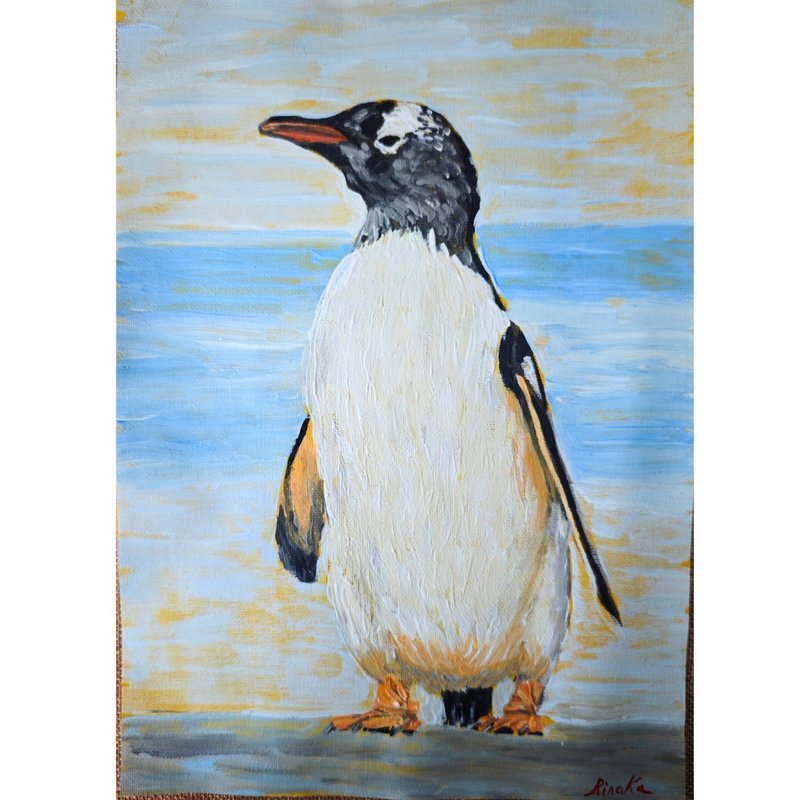 Penguin Bird Painting Original Framed Art Unique Wall Decor By RinaArtSK - Wall Décor - Other Materials Multicolor