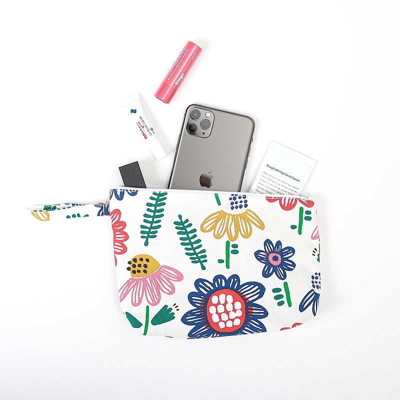 Cotton Cosmetic Pouch with loop: Floral & Diagonal - Toiletry Bags & Pouches - Cotton & Hemp Multicolor