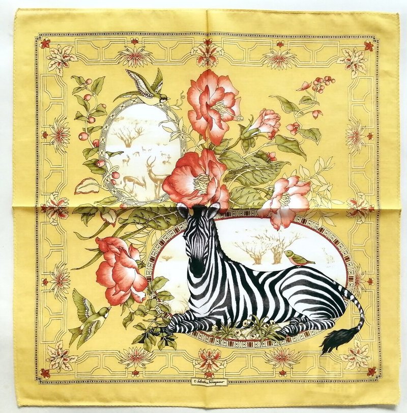 Salvatore Ferragamo Vintage Handkerchief Zebra Rare! Collection 17 x 17 inches - 絲巾 - 棉．麻 黃色