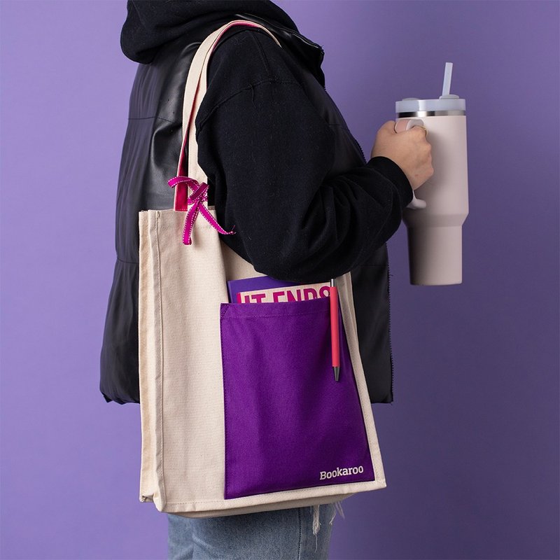 Colorblock Heavyweight Canvas Bag with Cotton Colored Small Pocket, Shoulder Tote Bag - Bookaroo, Imported from the UK - Handbags & Totes - Other Materials 