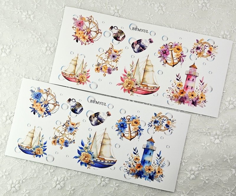 Lighthouse, Ship, and Flower Deco Sticker - 便條紙/便利貼 - 紙 多色