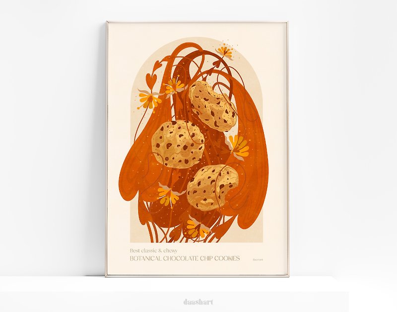 Modern kitchen art Botanical vintage Chocolate chip cookie poster Printable wall - ภาพวาดพอร์ทเทรต/ภาพวาด/ภาพประกอบดิจิทัล - วัสดุอื่นๆ 