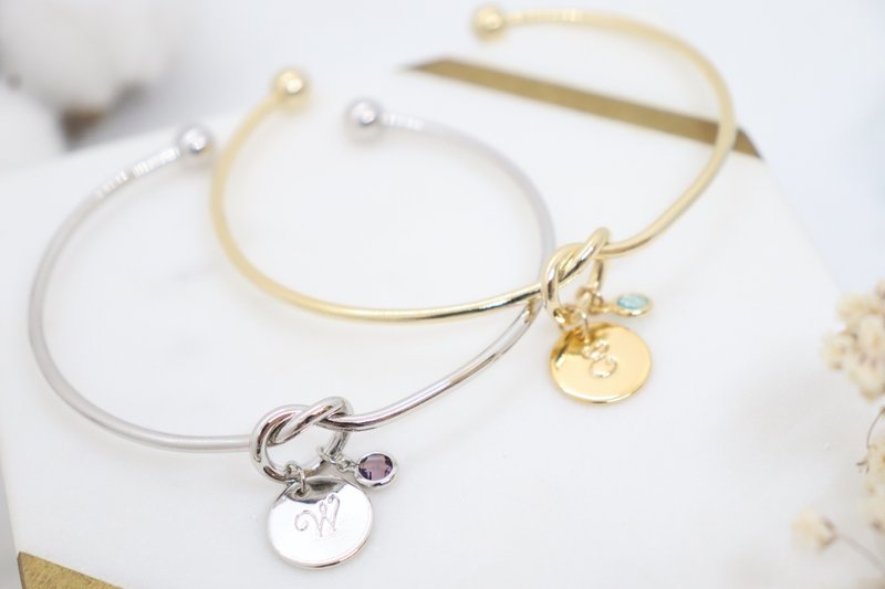 Personalised Round Initial Charm & Birthstone Bangle, Custom Initial Disc Bangle - Bracelets - Copper & Brass 