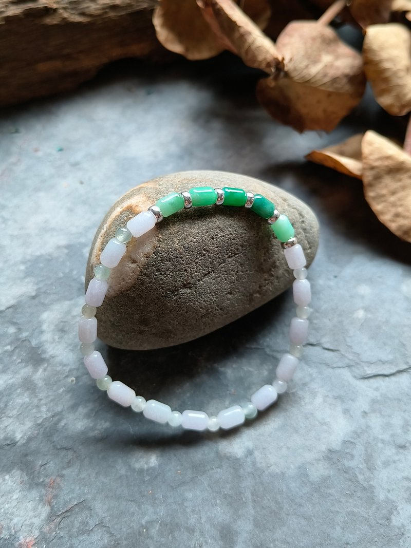 Natural Burmese sun green pink purple barrel beads jade sterling silver spacer bead bracelet - สร้อยข้อมือ - เครื่องเพชรพลอย สีเขียว