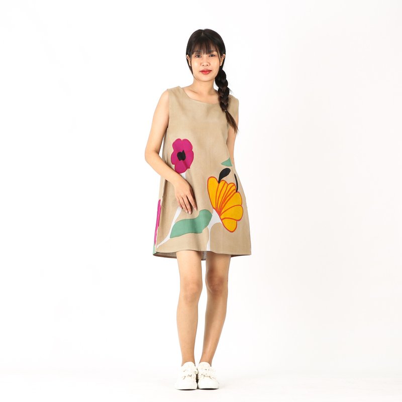 Short Dress Linen Hand Paint - 洋裝/連身裙 - 棉．麻 卡其色