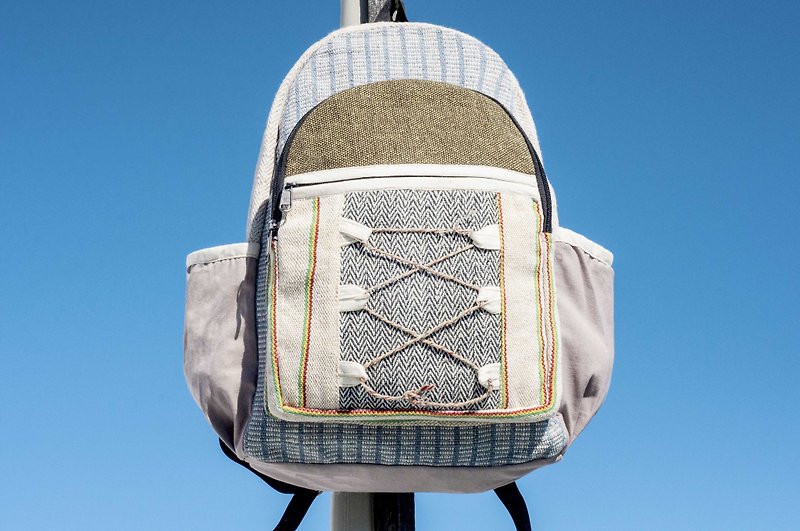棉麻拼接設計後背包 肩背包 民族登山包 手工電腦包-手織布綠地 - 背囊/背包 - 棉．麻 多色