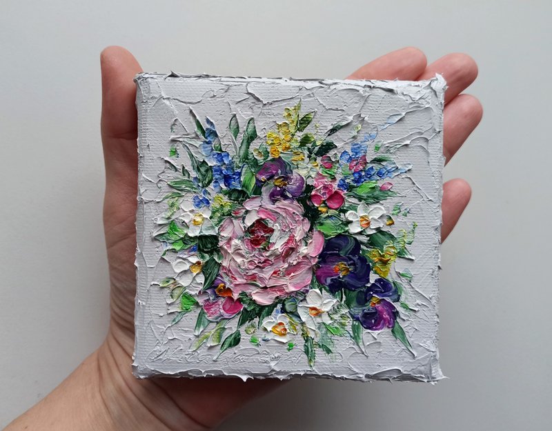 Bouquet of flowers mini oil painting impasto on canvas - unique gift - ตกแต่งผนัง - ผ้าฝ้าย/ผ้าลินิน สึชมพู