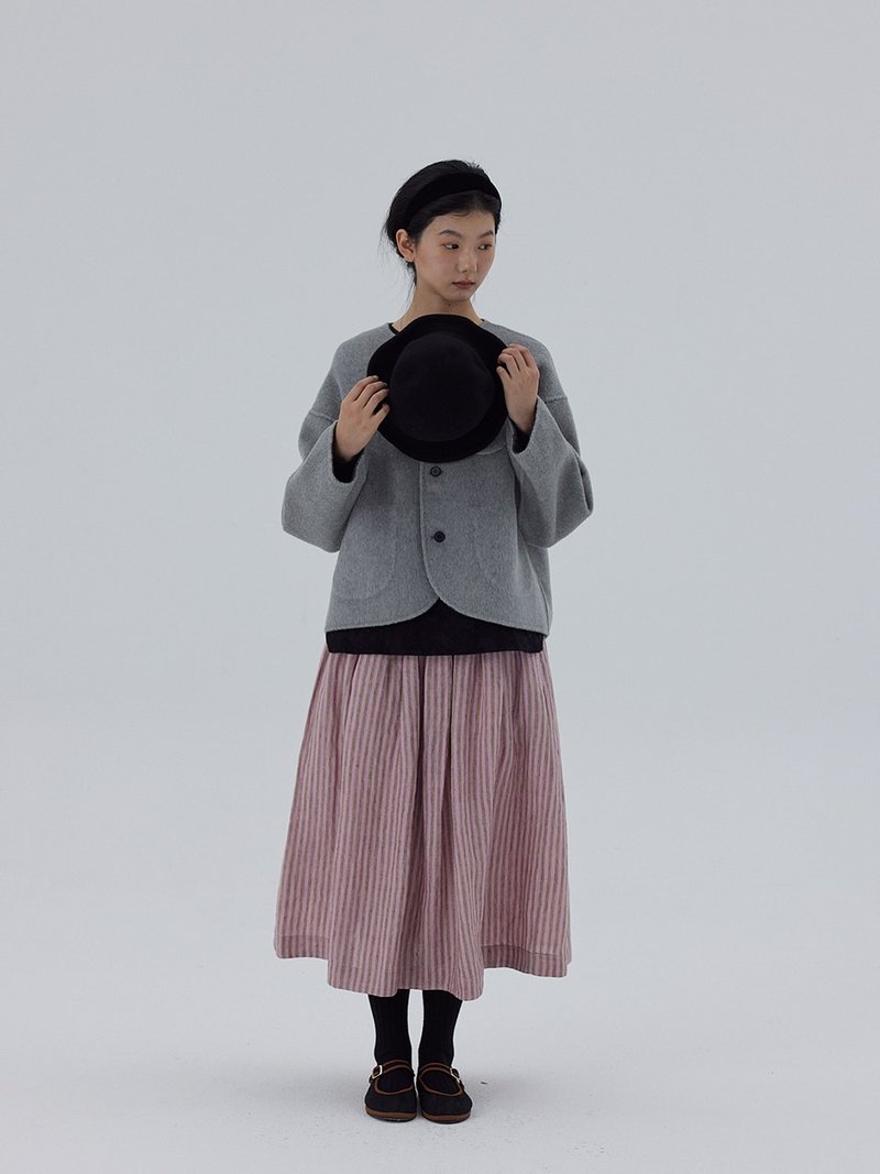 Yarn-dyed washed linen striped all-match skirt without lining - ชุดเดรส - ผ้าฝ้าย/ผ้าลินิน หลากหลายสี