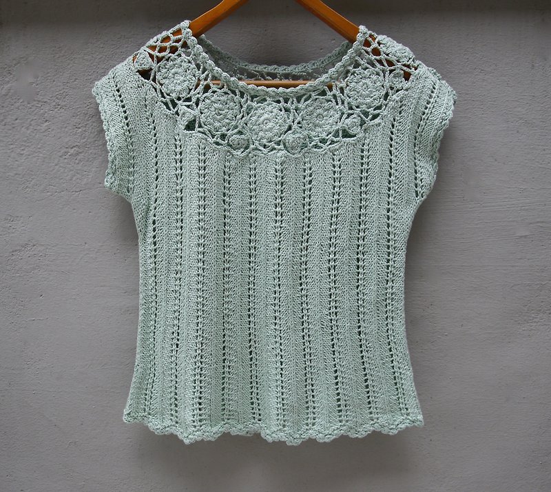 FOAK vintage pale mint green openwork crochet blouse - เสื้อผู้หญิง - ผ้าฝ้าย/ผ้าลินิน สีเขียว