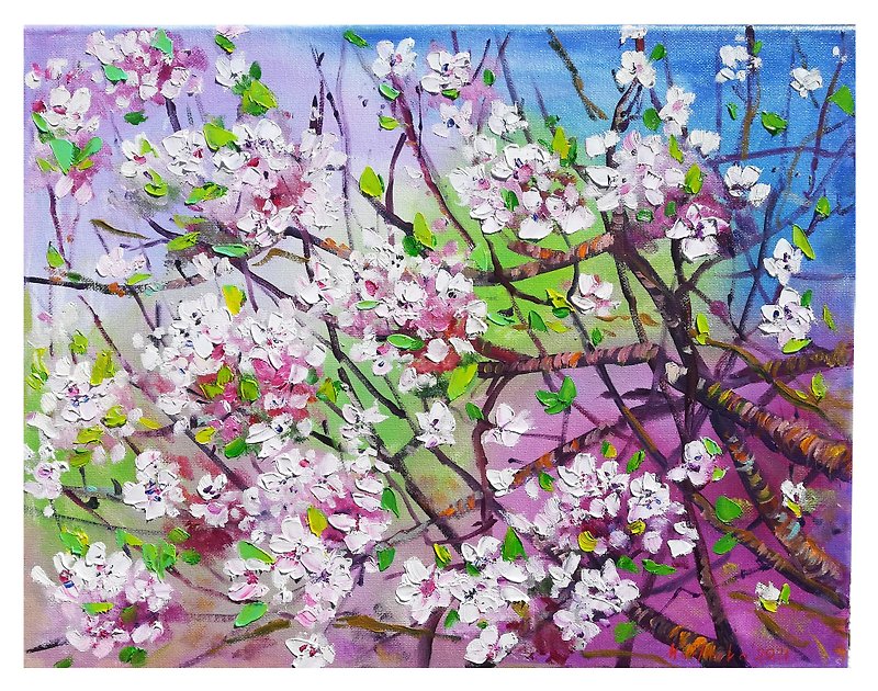 Blossom cherry oil painting on canvas Spring garden artwork Blossom tree art - ตกแต่งผนัง - วัสดุอื่นๆ หลากหลายสี