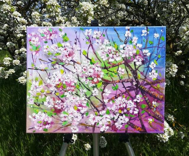 キャンバスに咲く桜の油絵春の庭のアートワーク花の木のアート ...