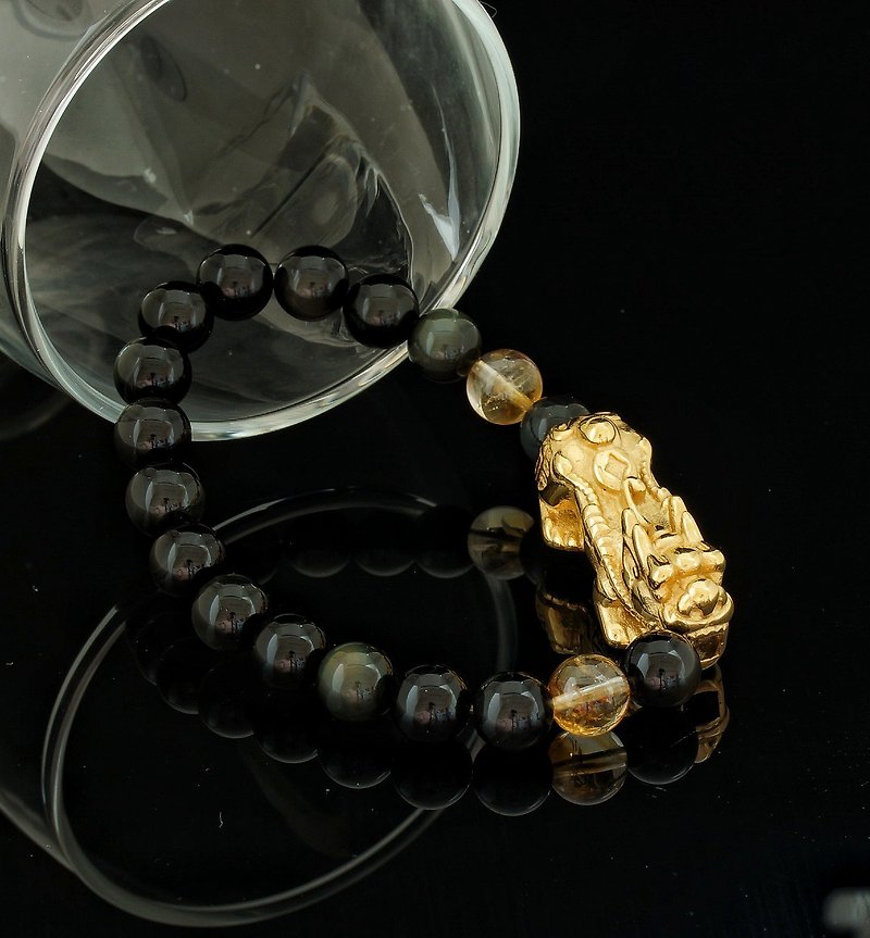 8mm obsidian citrine + steel 貔貅 bracelet - สร้อยข้อมือ - หยก 