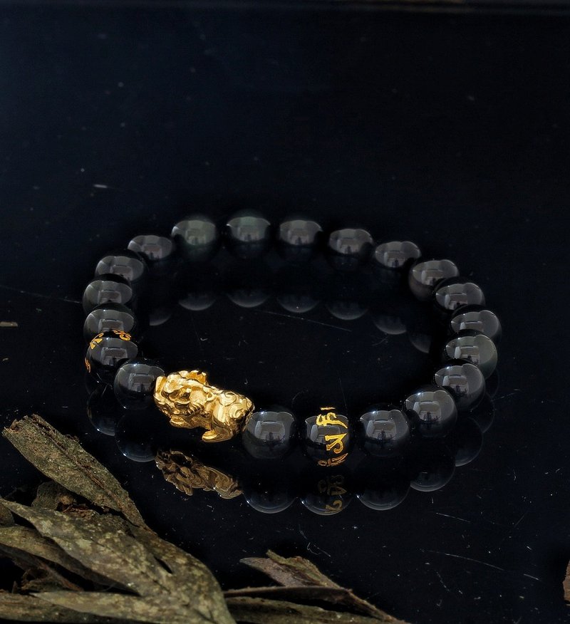 8mm obsidian  + steel 貔貅 bracelet - สร้อยข้อมือ - หยก 