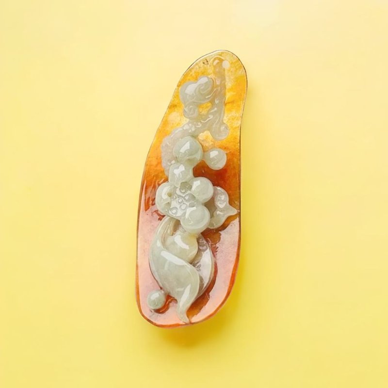 冰種紅翡白肉巧雕花開富貴項鍊 | 天然緬甸玉A貨翡翠 | 送禮 - 吊飾/掛飾 - 玉石 多色