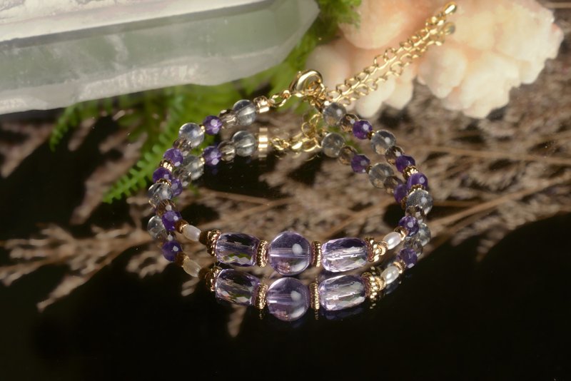 [Shenshan Crystal Mine] Clear diamond cut amethyst elongated pearl bracelet / amethyst / elongated / pearl - Bracelets - Crystal Purple