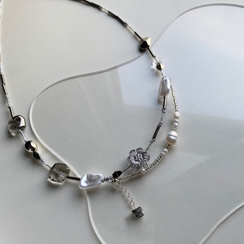 Ice Mirror Beaded Necklace Freshwater Pearls - Necklaces - Pearl Silver