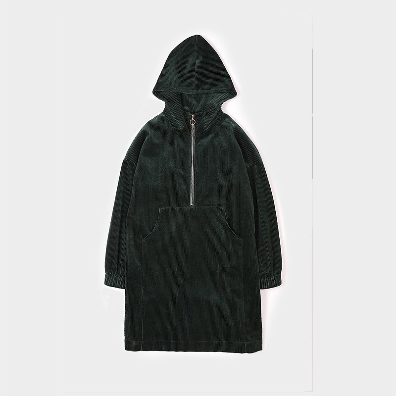 Dark green corduroy long zipper hooded jacket - Women's Casual & Functional Jackets - Cotton & Hemp Green