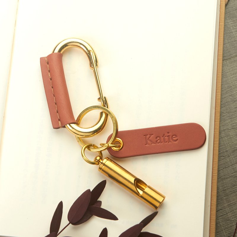 皮革包裹黃銅登山扣夾. 帶哨子鑰匙扣 - 鑰匙圈/鑰匙包 - 真皮 咖啡色