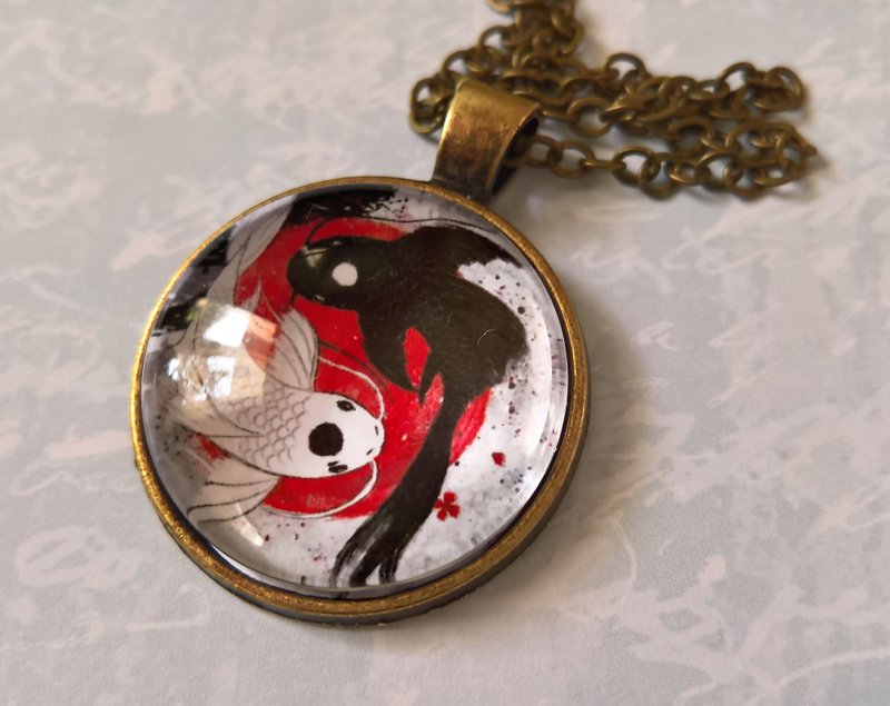 Necklace Tui and La Pendant Yin and Yang Two fish and red sun Handmade Jewelry - Necklaces - Other Metals 