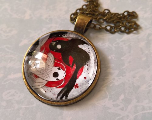 Euridice Only Necklace Tui and La Pendant Yin and Yang Two fish and red sun Handmade Jewelry