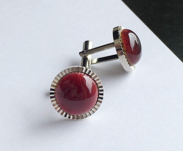 ダイヤカット【ガーネット Garnet】七宝焼のカフスボタン カフリンクス