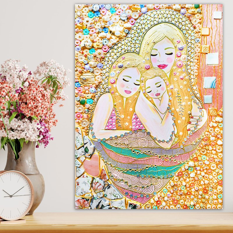 Mother daughters family portrait painting. Gemstones mosaic gold leaf pink art - 牆貼/牆身裝飾 - 寶石 粉紅色