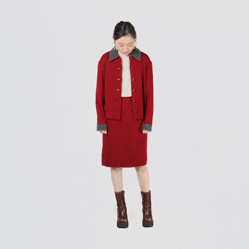 【蛋植物古著】蘋果菓園毛料針織裙式古著套裝 - 外套/大衣 - 羊毛 紅色