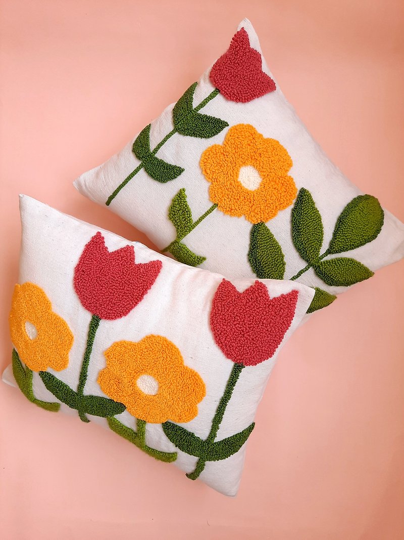 棉．麻 枕頭/抱枕 多色 - 一套兩個有花卉設計的枕頭