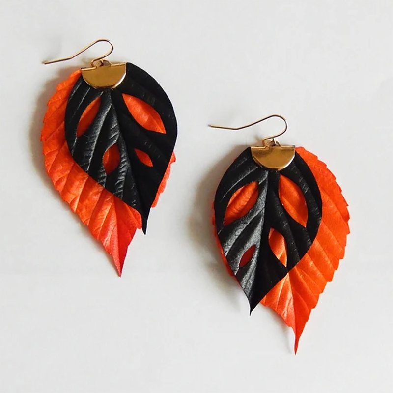 Orange black earrings Fall leaf floral earrings Autumn jewelry Flower earrings - ต่างหู - วัสดุอื่นๆ หลากหลายสี