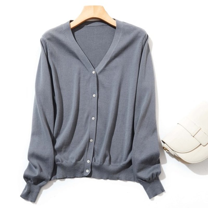 A product we're proud of, perfect for all seasons, 100% cotton, long sleeve V-neck cardigan, knit series, gray 220902-04 - Women's Sweaters - Cotton & Hemp 