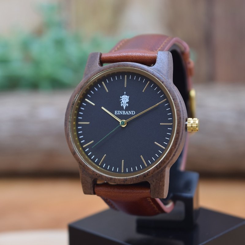 EINBAND Glanz BLACK 36mm Wooden Watch Brown Leather Belt - Men's & Unisex Watches - Wood Brown