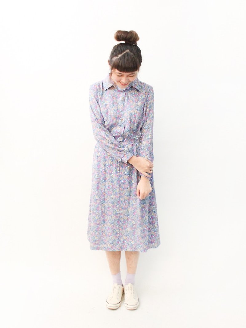 Made in Japan Retro Floral Gray Purple Long Sleeve Thin Vintage Dress Japanese Vintage Dress - ชุดเดรส - เส้นใยสังเคราะห์ สีม่วง