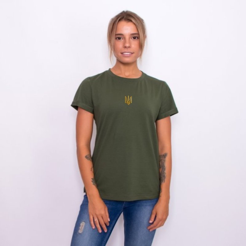 Zelensky Shirt With Ukrainian Trident Embroidered | Ukrainian Tryzub T Shirt - Women's Shirts - Cotton & Hemp Khaki